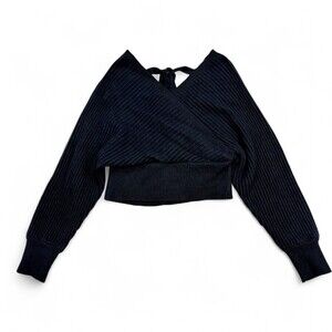 Mable Ribbed V-Neck Cropped Sweater w/ Back Bow - Size S